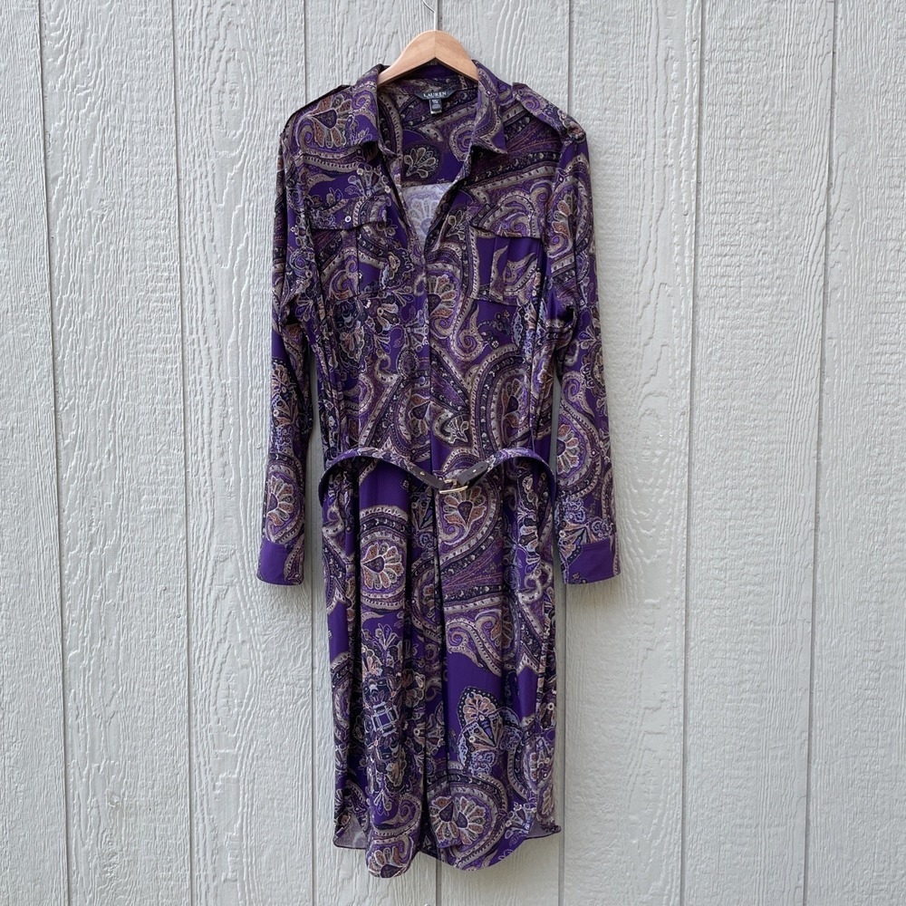 Lauren Ralph Lauren Shirt Midi Dress Womens XXL Purple Paisley  Belt Utility LRL